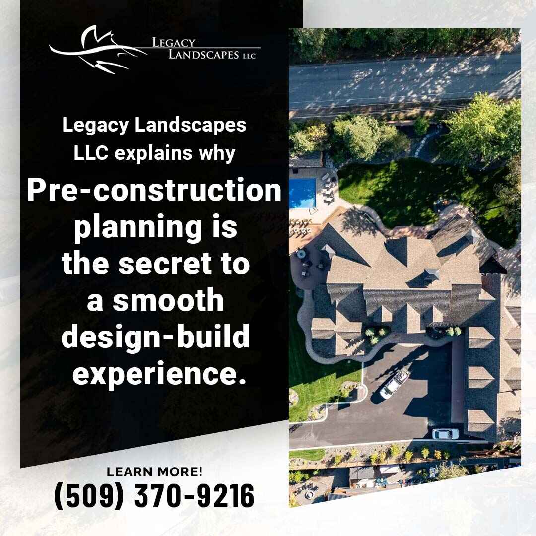 Legacy Landscapes LLC ad showing an aerial view of a backyard with a pool and landscaping.