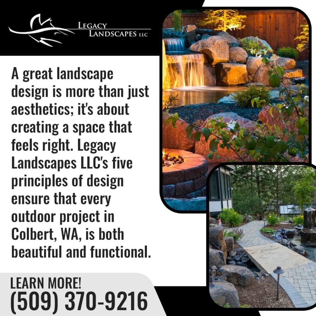 Outdoor landscape design by Legacy Landscapes LLC featuring a waterfall, stone seating, and garden pathway in Colbert, Washington