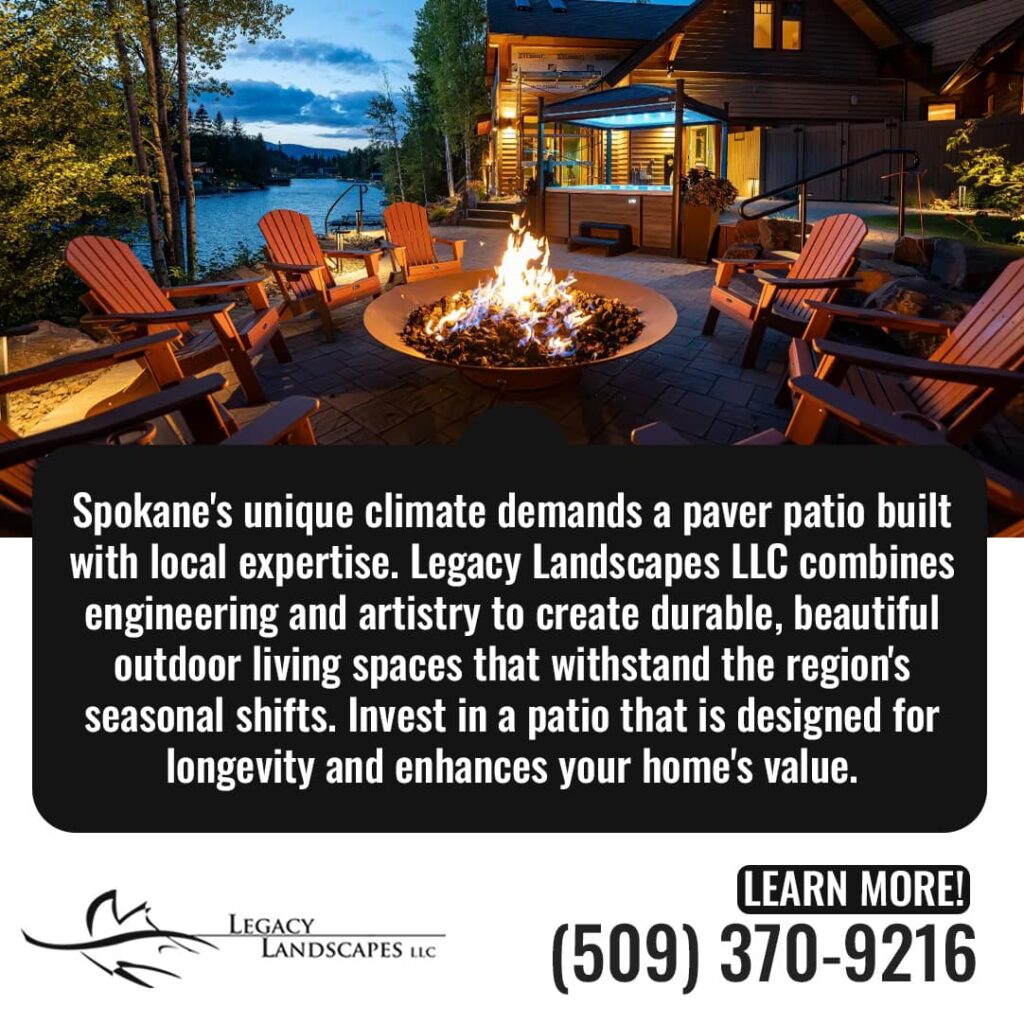 Outdoor lakeside patio with a fire pit surrounded by wooden Adirondack chairs at sunset, showcasing Legacy Landscapes LLC’s custom paver patio design and outdoor living construction.