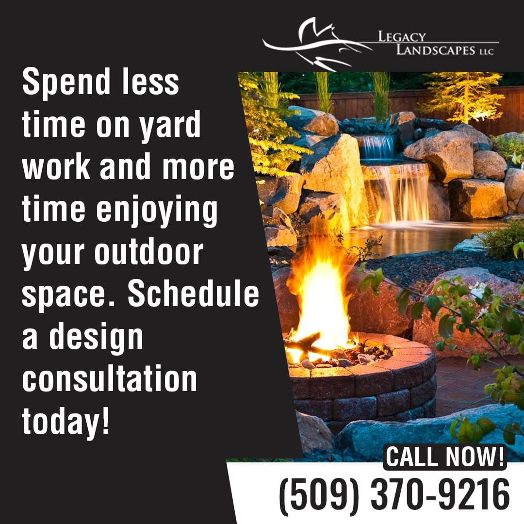 An advertisement for Legacy Landscapes LLC, featuring a beautiful backyard with a waterfall, fire pit, and lush landscaping, with text promoting outdoor space enjoyment and design consultations.